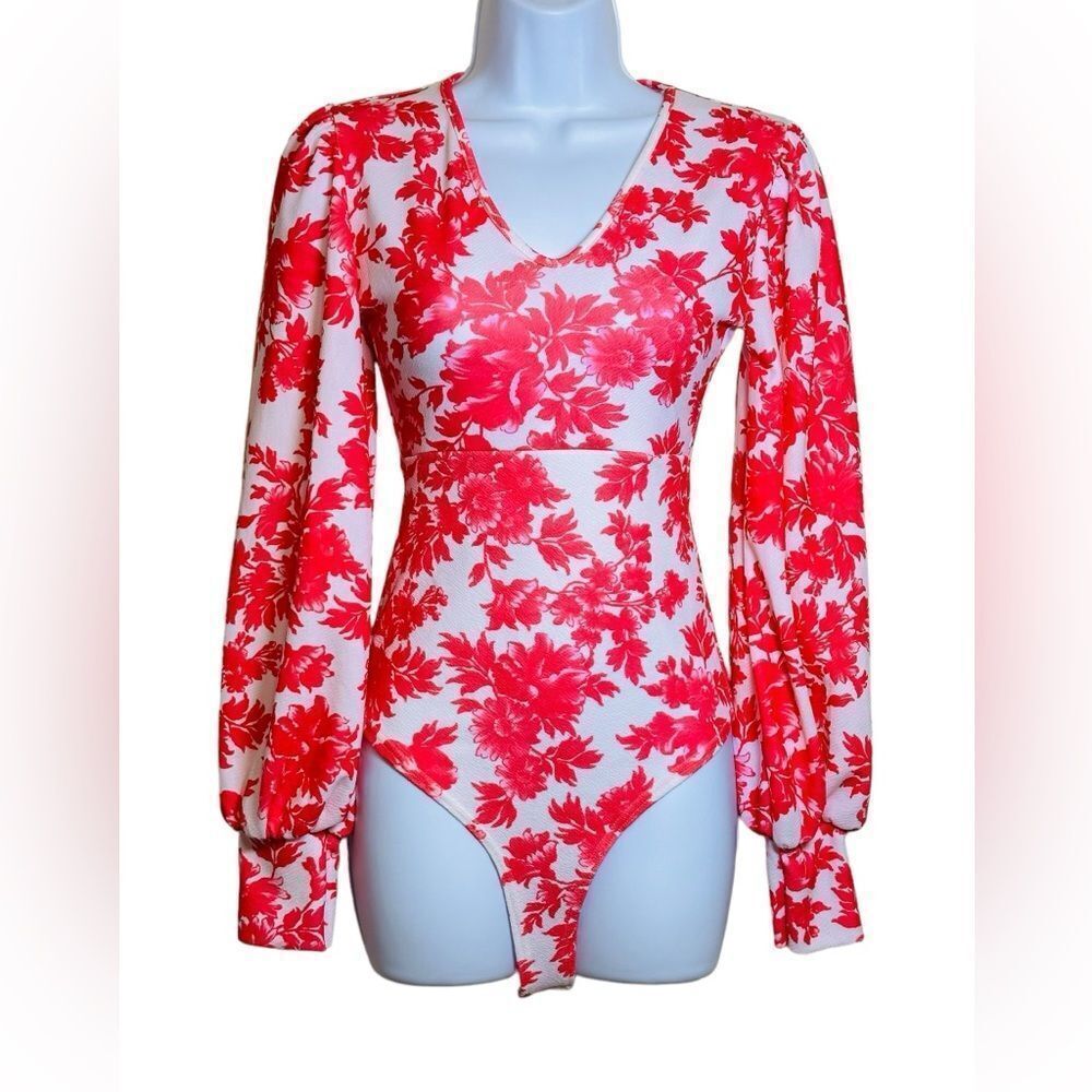 BOOHOO FLORAL PUFF SLEEVE BODYSUIT, Size 6, Bright Pink White, NWOT